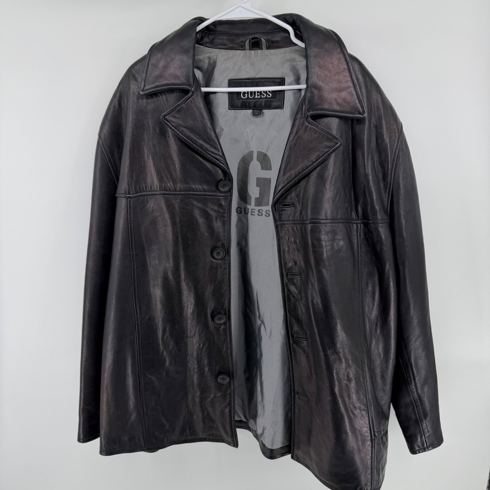 Guess Mens‎ Black Genuine Leather Button Front Car Coat Jacket XL Vintage 90s